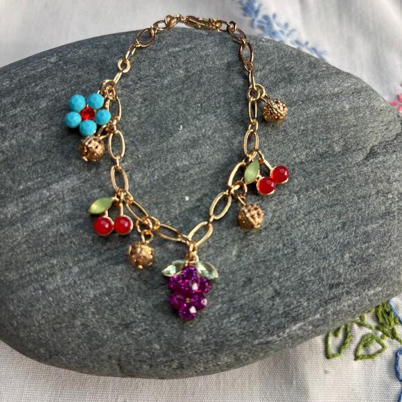 Fruity Charm Bracelet Rhinestones Enamel on Gold Paperclip Chain Dainty NEW Cute - Picture 7 of 7